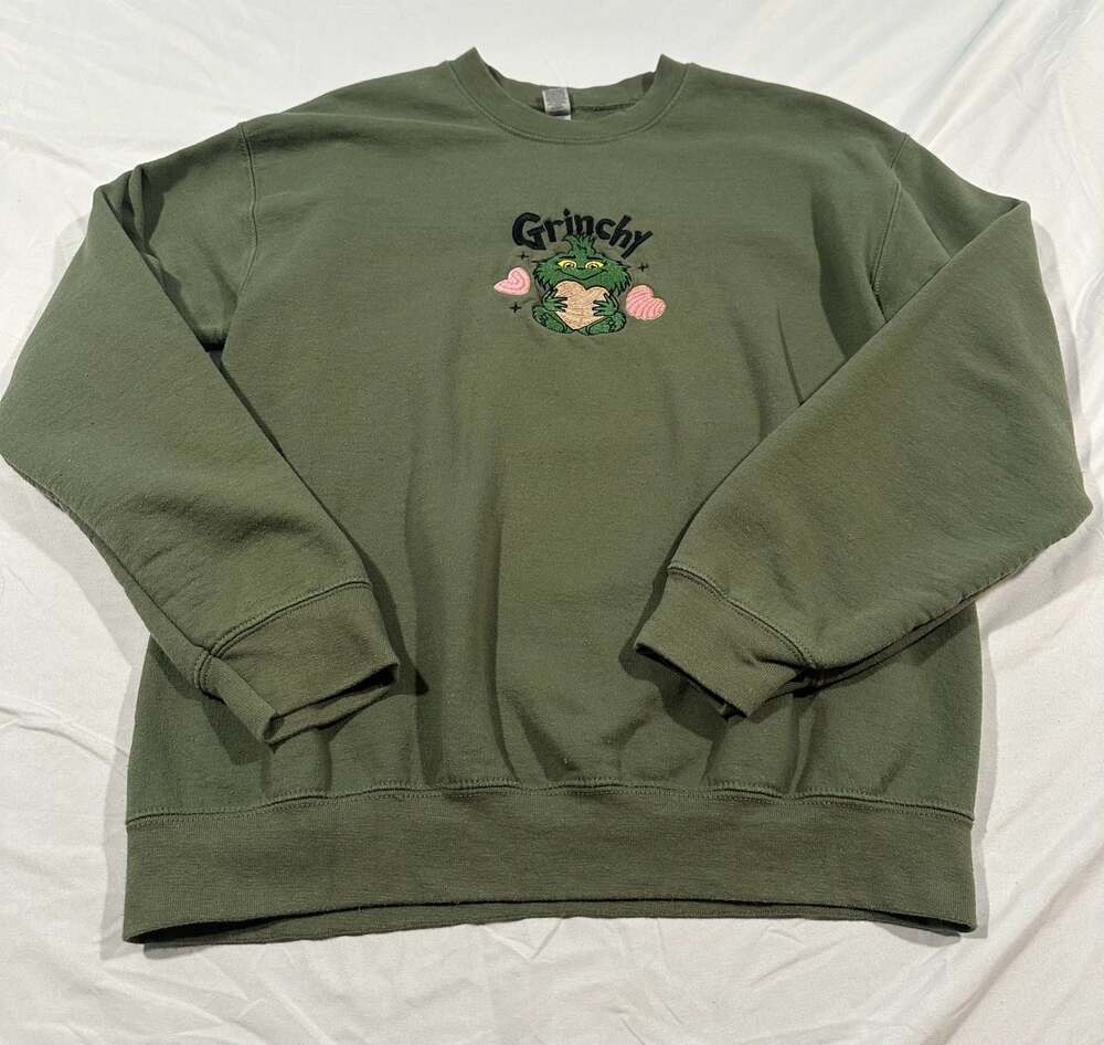 Grinchy Embroidered Crewneck Sweatshirt on Gildan Heavy Blend, Womens M